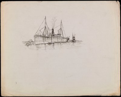 Stoomschip nabij een kust met sleepboot naast. Passagiersschip met sleepboot en raderstoomboot Tilbury in de buurt door John Everett