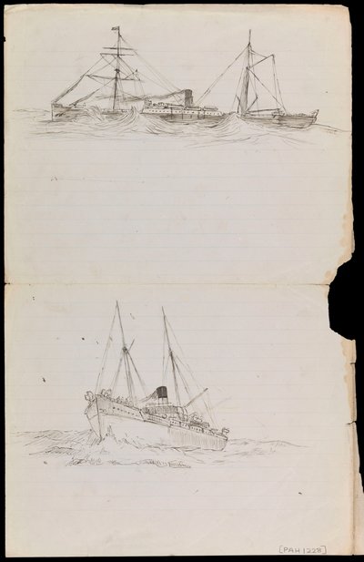 Schetsen van een slagschip en twee andere Royal Navy schepen door John Everett