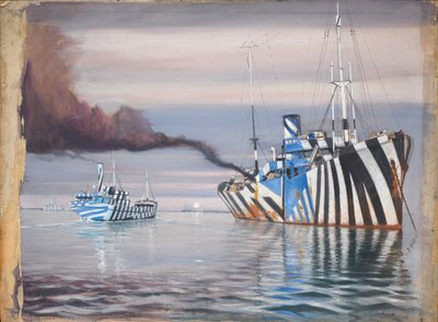 S.S. Lepanto en een ander stoomschip, beide in camouflage, voor anker in kalm water door John Everett