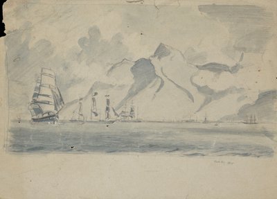 Uitzicht op Tafelbaai met schepen door John Everett