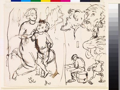 Blad met studies die de post-Raphaeleske stijl karikaturiseren, 1853 door John Everett Millais