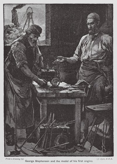 George Stephenson en het model van zijn eerste motor door John Eyre
