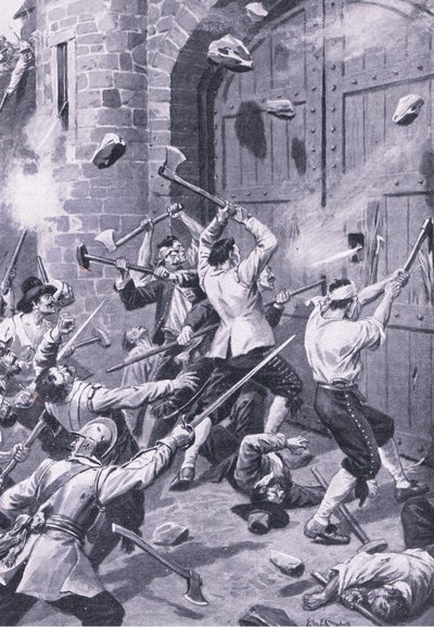 De plundering van Dundee 1 september 1651: Engelse zeelieden vallen de Wellgate Port aan, illustratie uit 