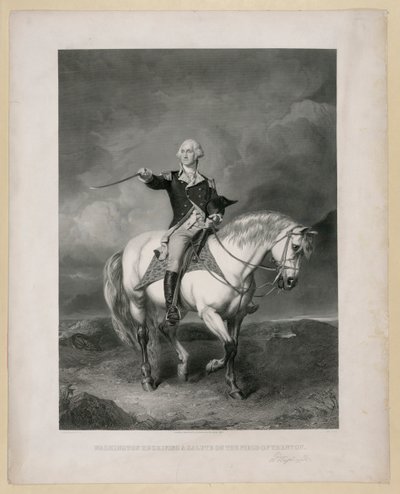 Washington ontvangt een saluut op het veld van Trenton / John Faed, R.S.A.; Wm. Holl. Gepubliceerd: New York : Kendall Bank Note Company, [Ca. 1860] door John Faed