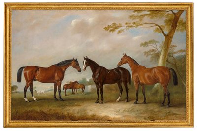Intrepid, Conqueror en Bay Bolton met daarachter Silkman en Darnley in een landschap door John Ferneley