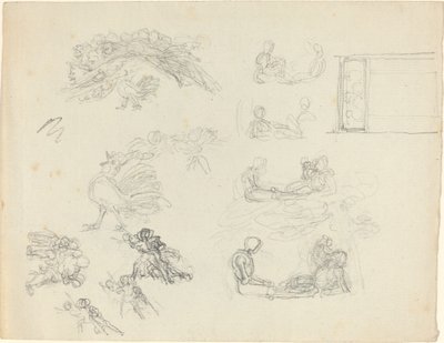 Studies van Kraaiende Haan en Liggende Figuren [recto en verso] door John Flaxman