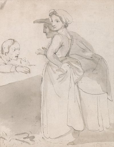 Twee vrouwen praten met een man aan een toonbank door John Flaxman
