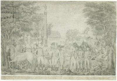 De Britten geven hun wapens over aan generaal Washington na hun nederlaag bij Yorktown in Virginia, oktober 1781 door John Francis Renault