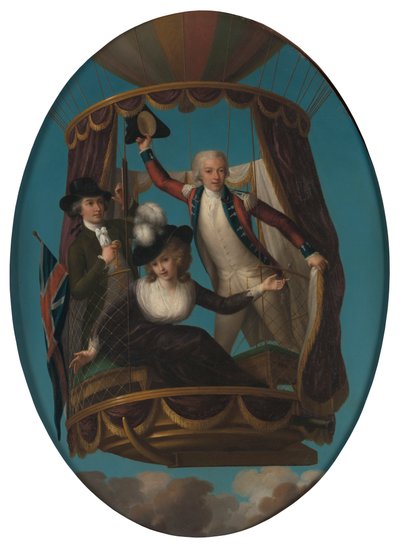 Kapitein Vincenzo Lunardi met zijn Assistent George Biggin, en Mevrouw Letitia Anne Sage, in een Luchtballon door John Francis Rigaud