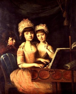 Portret van de kinderen van de gouverneur van Honduras, twee meisjes en een jongen bij een spinet door John Francis Rigaud