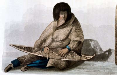 Koperen Indiaans meisje repareert sneeuwschoen, 1823 door John Franklin