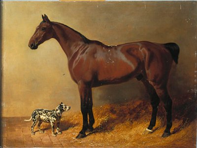 Een baai jager en een gevlekte hond in een stalinterieur, 1846 door John Frederick Herring Senior