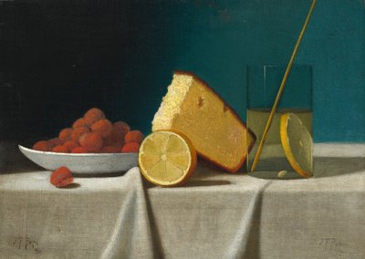 Stilleven met cake, citroen, aardbeien en glas door John Frederick Peto