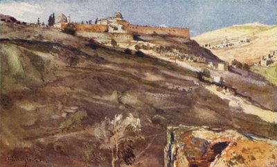 Jeruzalem, zuidelijke muur van het tempelgebied, vanuit de vallei van Hinnom, bij zonsondergang door John Fulleylove