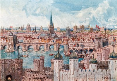 Oude brug van Londen in 1386 (kleurenlitho) door John Fulleylove