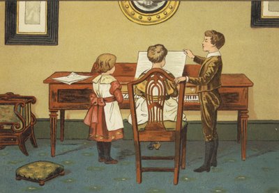 Kinderen repeteren aan de piano door John George (after) Sowerby