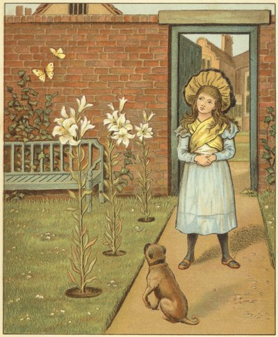 Meisje in een ommuurde tuin, naast lelies en haar hond door John George (after) Sowerby