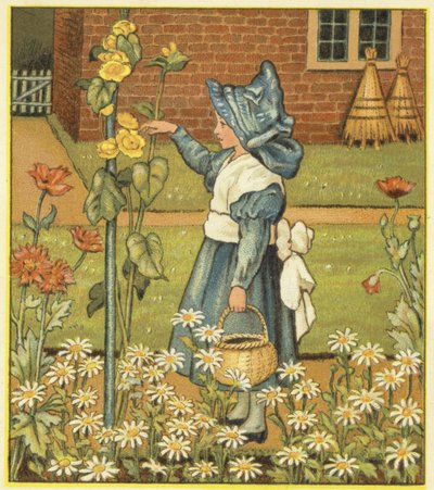 Meisje in de tuin met stokroos, klaprozen en margrieten door John George (after) Sowerby