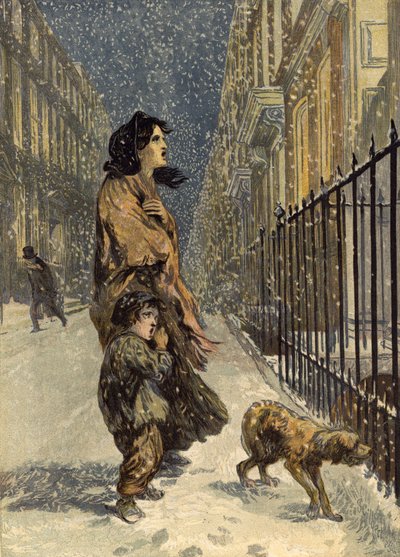 De dakloze armen, moeder en kind met hond in de sneeuw door John Gilbert
