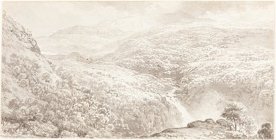 Een bergvallei met een waterval door John Glover