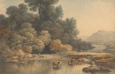 Heuvelachtig landschap met rivier en vee door John Glover