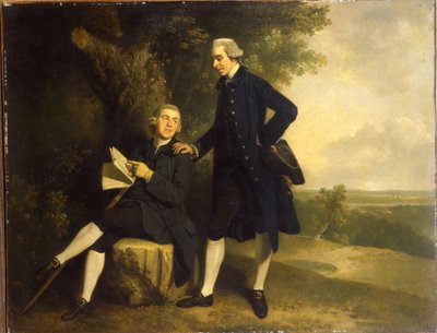 Dubbelportret van Thomas Somers Cocks en Richard Cocks van Castleditch, Beiden Klein Volledig, de Eerste in een Blauwe Jas en Vest met een Zwarte Driekantige Hoed, de Laatste Zittend in een Blauwe Jas en Vest met een Manuscript, in een Landschap door John Hamilton Mortimer