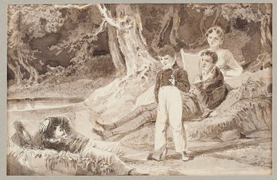 Vier figuren tussen de bomen op een hete dag, 1807 door John Harden