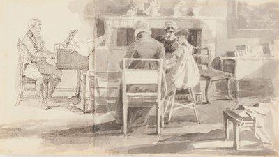 Man aan de piano met drie anderen zittend door John Harden