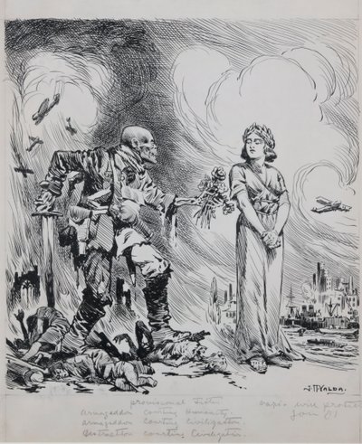 Armageddon maakt de mensheid het hof (pen  inkt op papier) door John Harris Valda