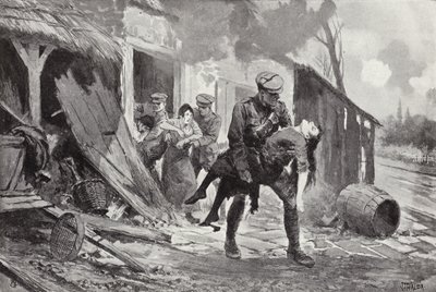 Kanonier J Rafferty draagt een gewonde vrouw naar veiligheid vanuit een boerderij die werd beschoten, Eerste Wereldoorlog door John Harris Valda