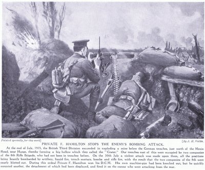 Soldaat F Hamilton bekroond met de DCM door het stoppen van de vijandelijke bomaanval juli 1915 in Hooge door John Harris Valda
