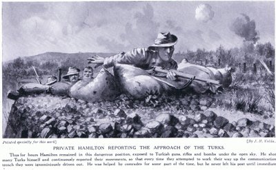 Soldaat Hamilton meldt de nadering van de Turken Gallipoli-schiereiland augustus 1915 door John Harris Valda