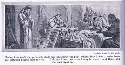 De laatste dagen van de eerbiedwaardige Bede die het evangelie van Johannes in het Engels vertaalt, 735 AD, ca.1950 door John Harris Valda