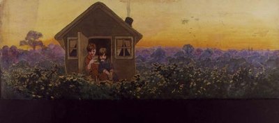 De boomtoppen bij zonsondergang een jaar later: Peter in het kleine huis met Wendy op haar jaarlijkse voorjaarsschoonmaakbezoek, illustratie bij 