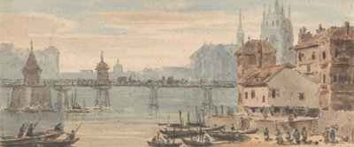 Basel, brugcentrum, kade, met figuren en schepen rechts, met kathedraal die achter gebouwen oprijst door John Henderson