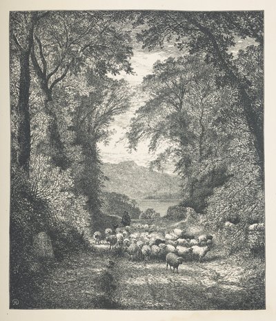 Plaat 4. Schapen die door een herder langs een pad worden gedreven. Nature Pictures. Een serie van dertig originele illustraties getekend op hout door J. H. Dell, en gegraveerd door R. Paterson door John Henry Dell