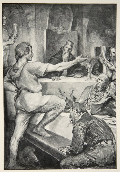 Beowulf antwoordt hooghartig aan Hunferth, uit 