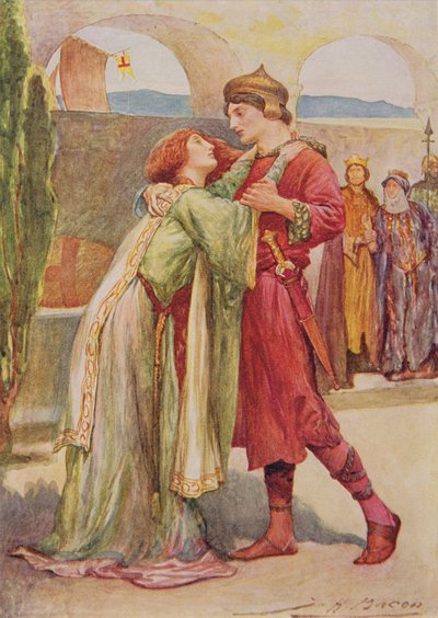 Posthumus en Imogen in Cymbeline uit Kinderverhalen van Shakespeare door Edith Nesbit (1858-1924) uitgegeven door Raphael Tuck & Sons Ltd., Londen door John Henry Frederick Bacon