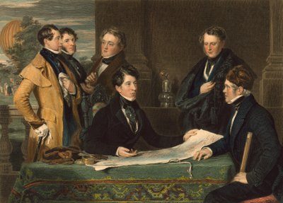 Een consultatie voorafgaand aan een luchtreis van Londen naar Wellburg in Nassau op 7 november 1836, gepubliceerd 1843 door John Hollins