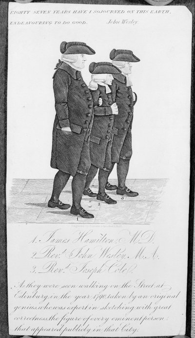John Wesley wandelend in Edinburgh tussen James Hamilton M.D. en Joseph Cole door John Kay