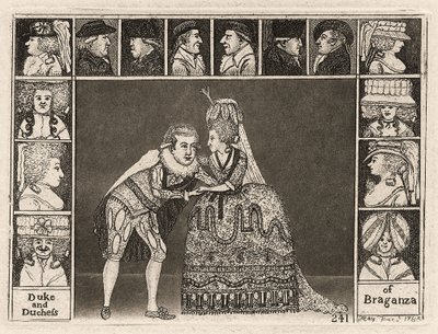 Mary Ann Yates en Laurence Clinch spelen de Hertog en Hertogin van Braganza in Braganza omringd door leden van het publiek. 1785 door John Kay