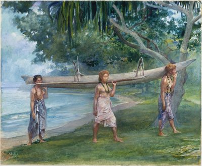 Meisjes dragen een kano, Vaiala in Samoa door John La Farge or Lafarge