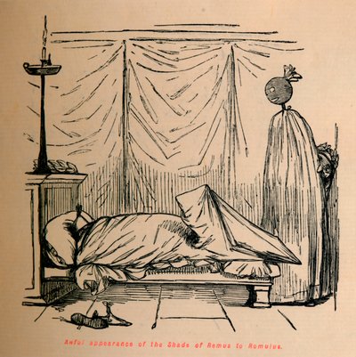 Verschrikkelijke verschijning van de Schaduw van Remus aan Romulus, 1852 door John Leech