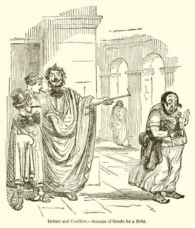 Schuldenaar en schuldeiser.--Inbeslagname van goederen voor een schuld door John Leech