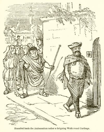 Hannibal leidt de ambassadeurs een vermoeiende wandeling rond Carthago door John Leech
