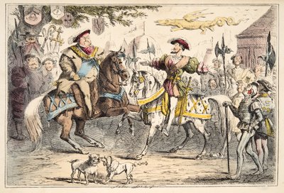 Hendrik VIII ontmoet Frans I, uit The Comic History of England, uitgegeven 1864 (handgekleurde ets) door John Leech