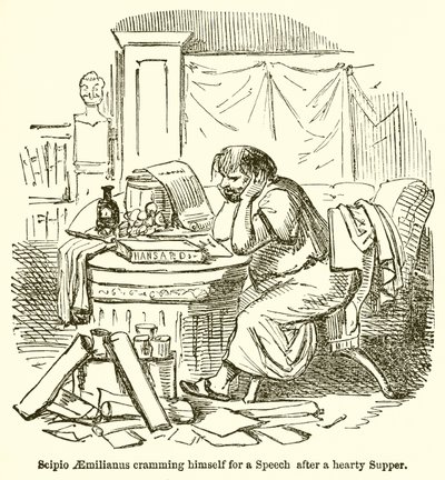 Scipio Aemilianus die zich volpropt voor een toespraak na een stevige maaltijd door John Leech