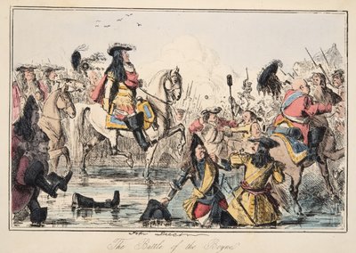 De Slag aan de Boyne, uit The Comic History of England, uitgegeven 1864 (handgekleurde ets) door John Leech