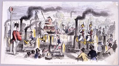 Uitzicht op Hyde Park dat de komst van de stoomlocomotief satiriseert, Londen door John Leech