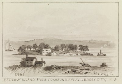 Bedlow Island vanaf Communipaw Av., Jersey City, N.J., 1861 door John M. August Will